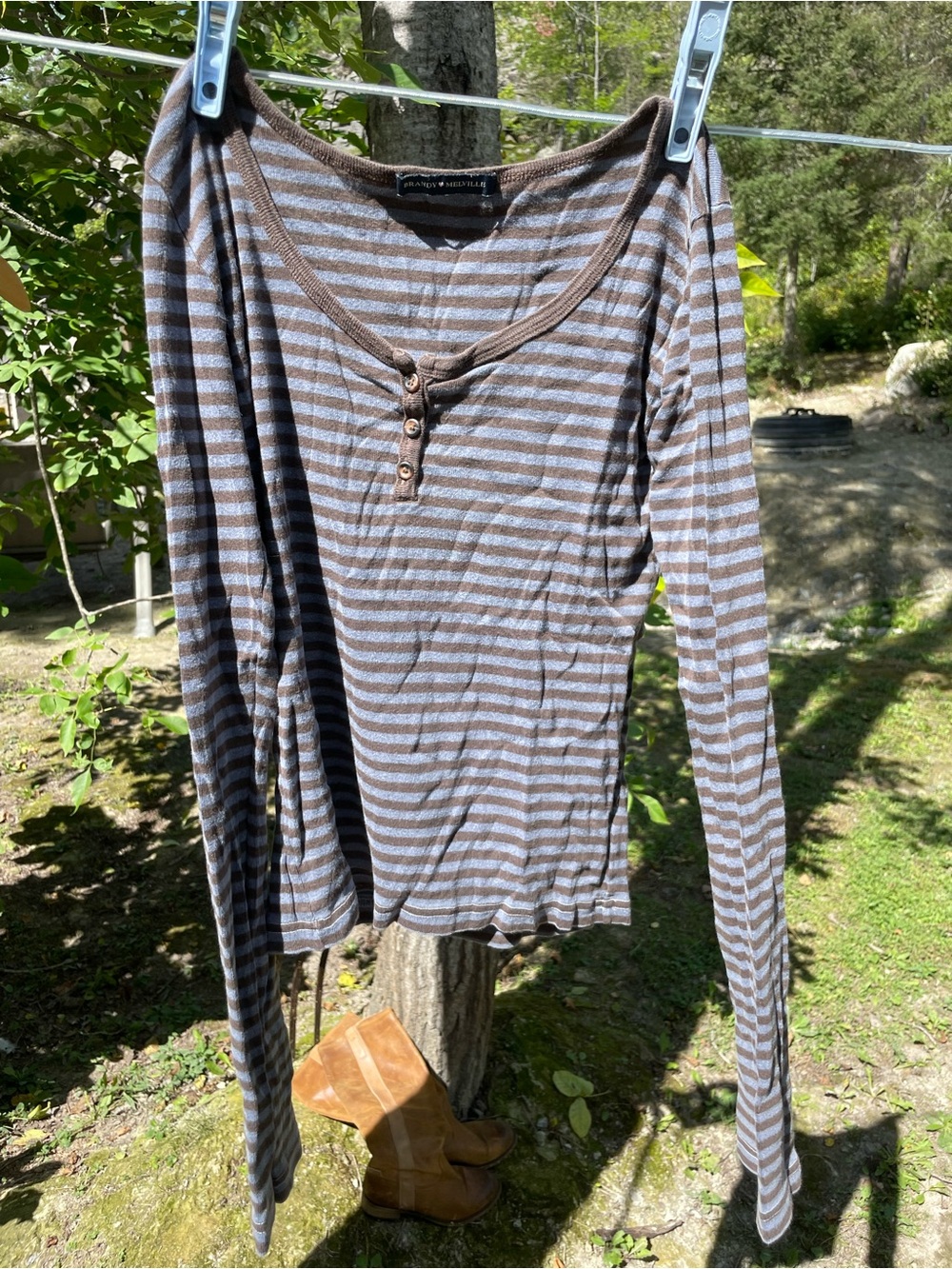 Brandy Melville Brown and Gray Striped Long-Sleeve Henley